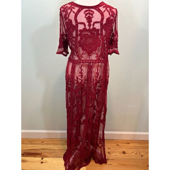 Red Lace Gothic Romantic Sheer Lace Maxi pullover Cover Up One Size - Picture 3 of 11